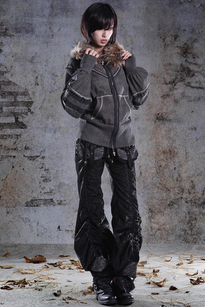 Vintage Lantern Sleeve Hooded Sweatshirt Jacket