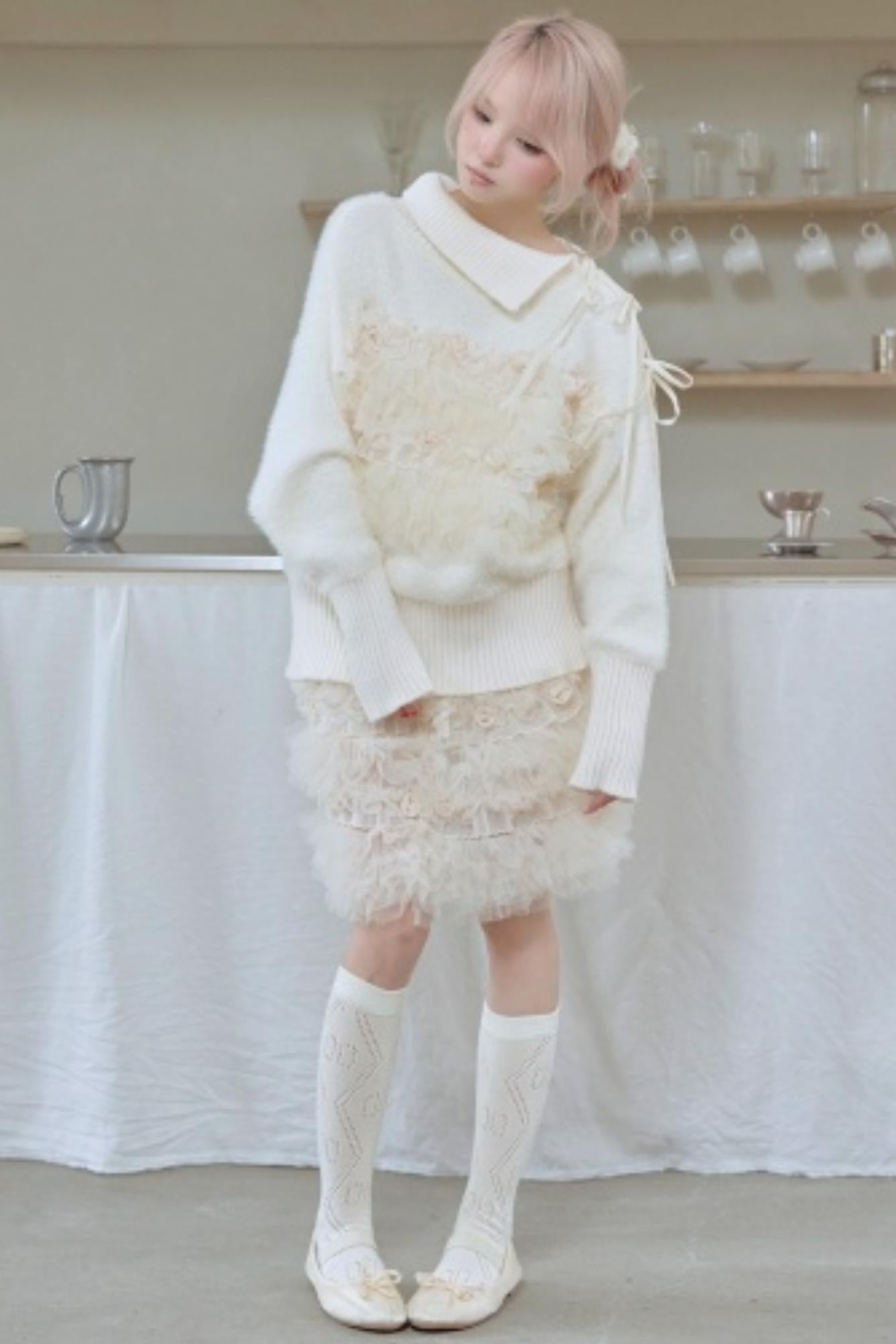 Beige Pleated Mink Velvet Sweater