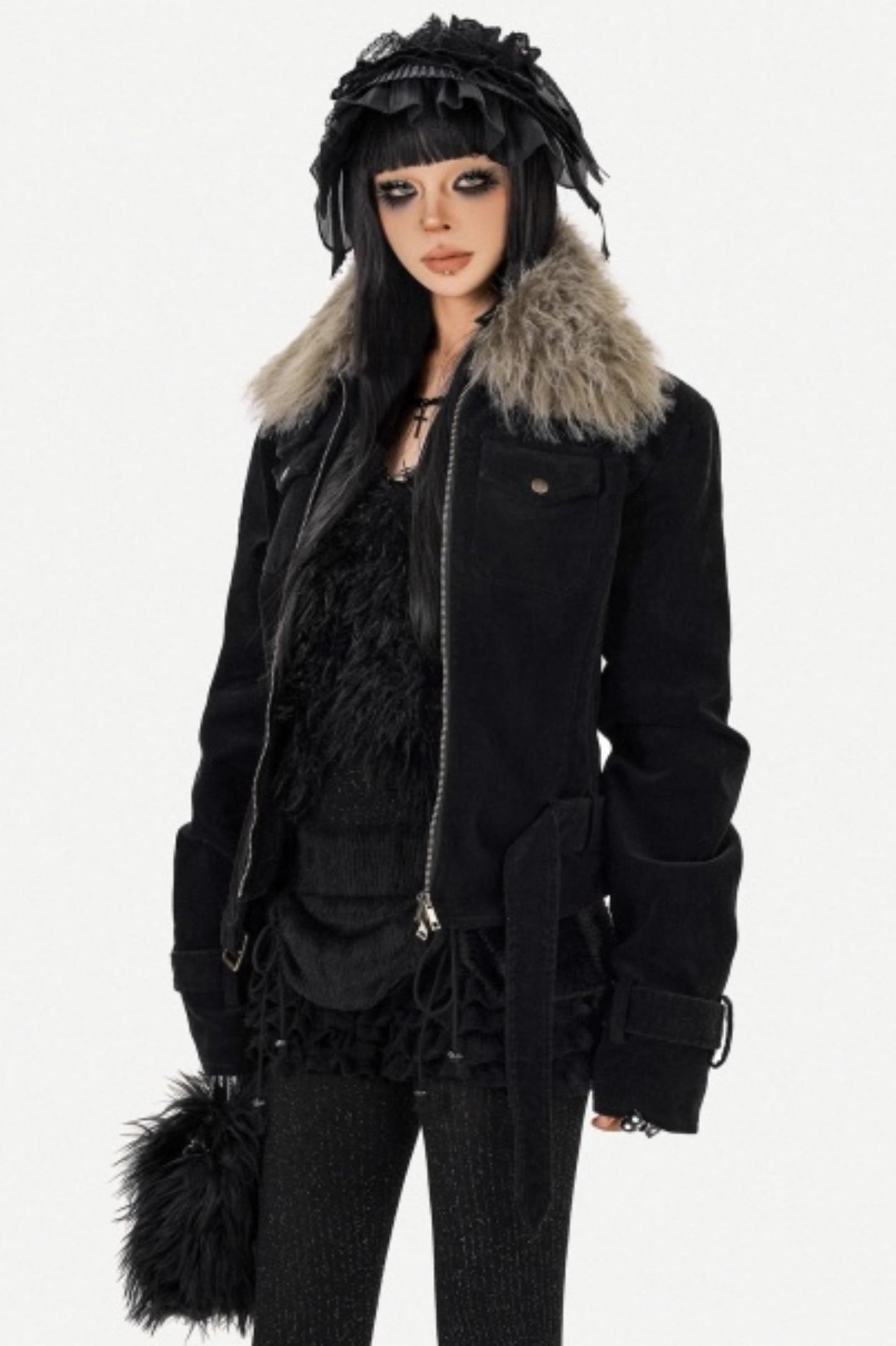 Cool Dark Fur Collar Jacket