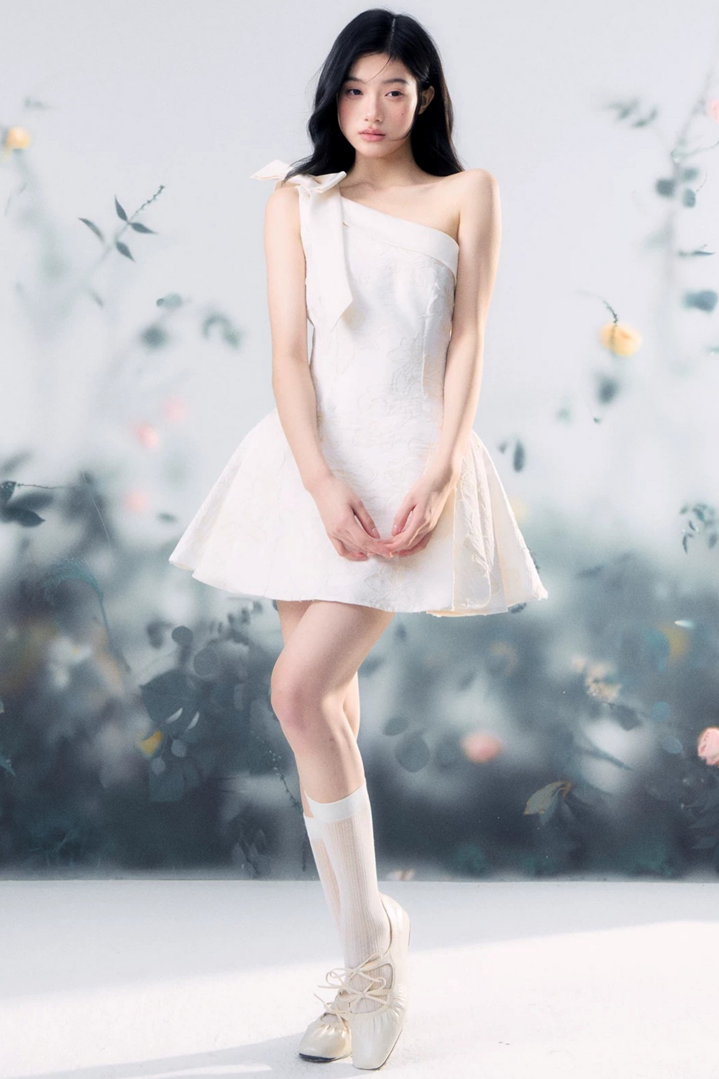 Floral Bow One-Shoulder Dress