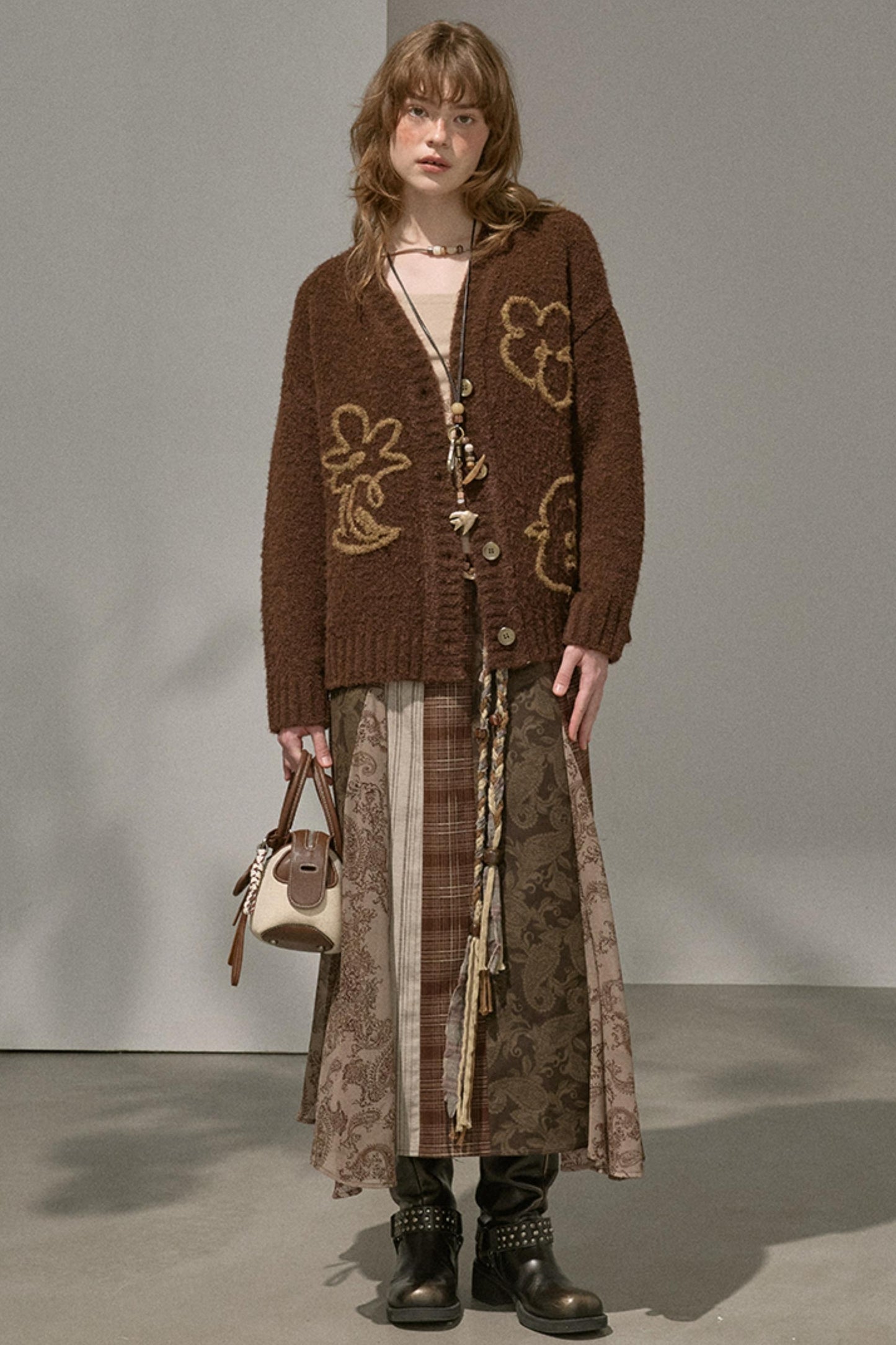 Floral Stitching Brown Skirt