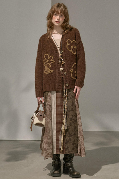 Floral Stitching Brown Skirt