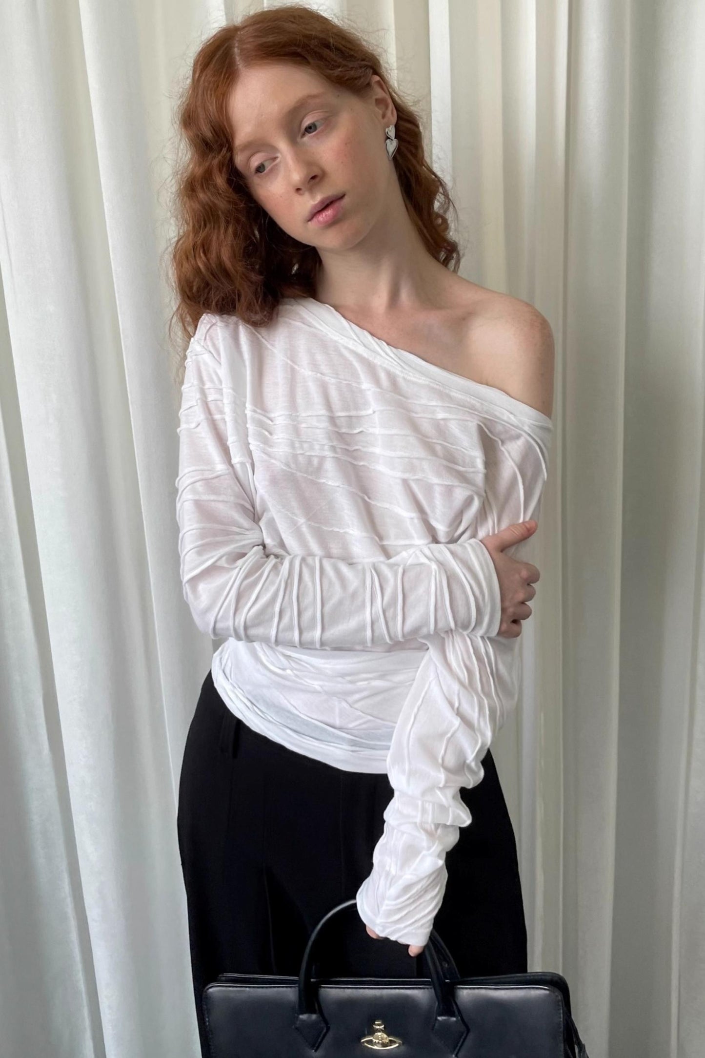 Pleated Slanted Shoulder Slimming Top