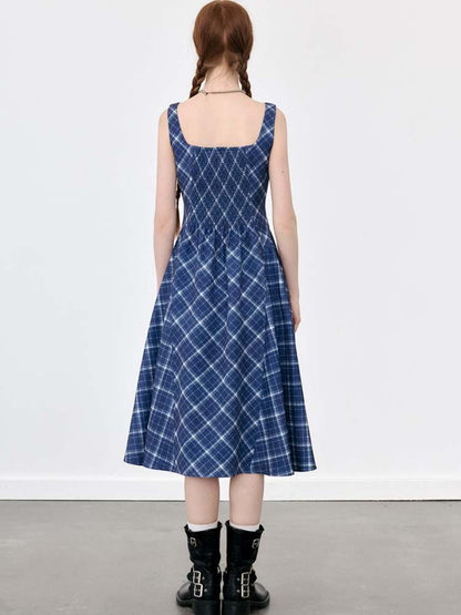 Plaid Suspender Long Flare Dress