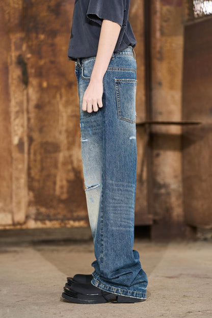 Ripped Straight-Leg Denim Pants