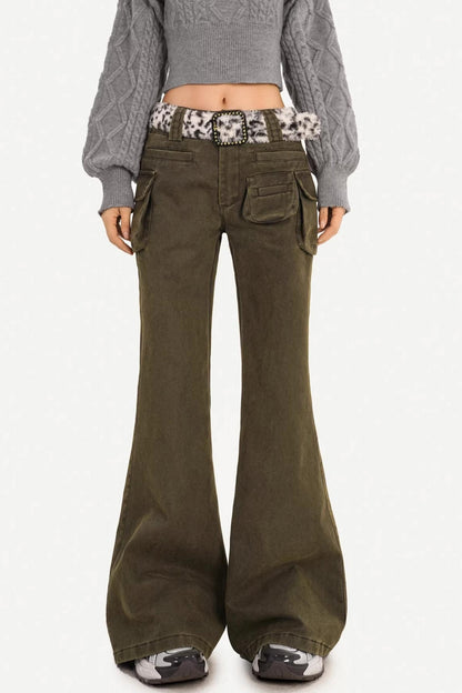 Retro Army Green Flared Pants