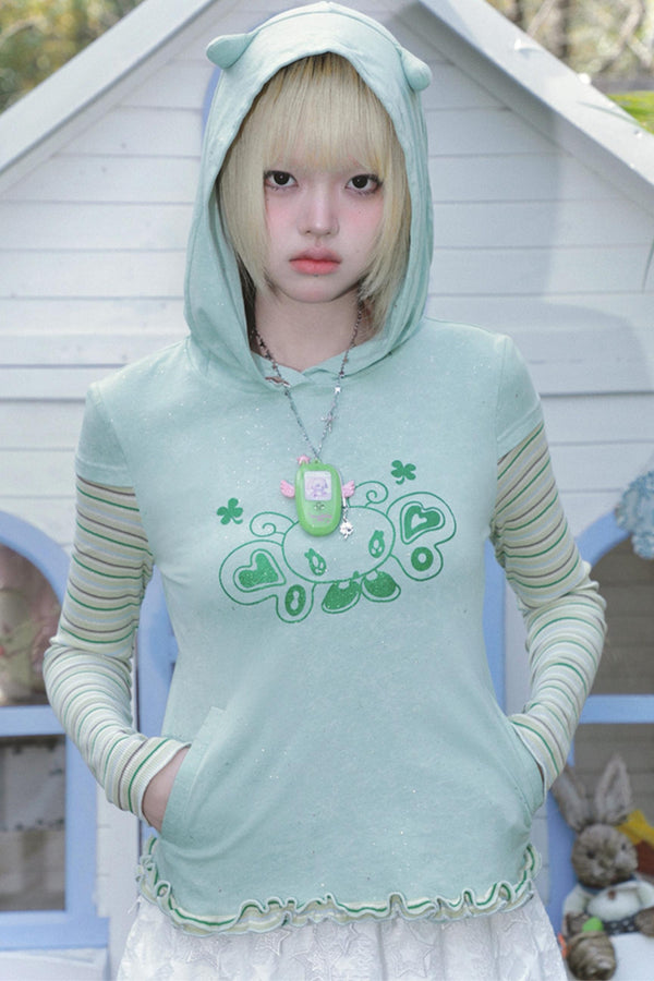 Green Devil Horns Hoodie Top
