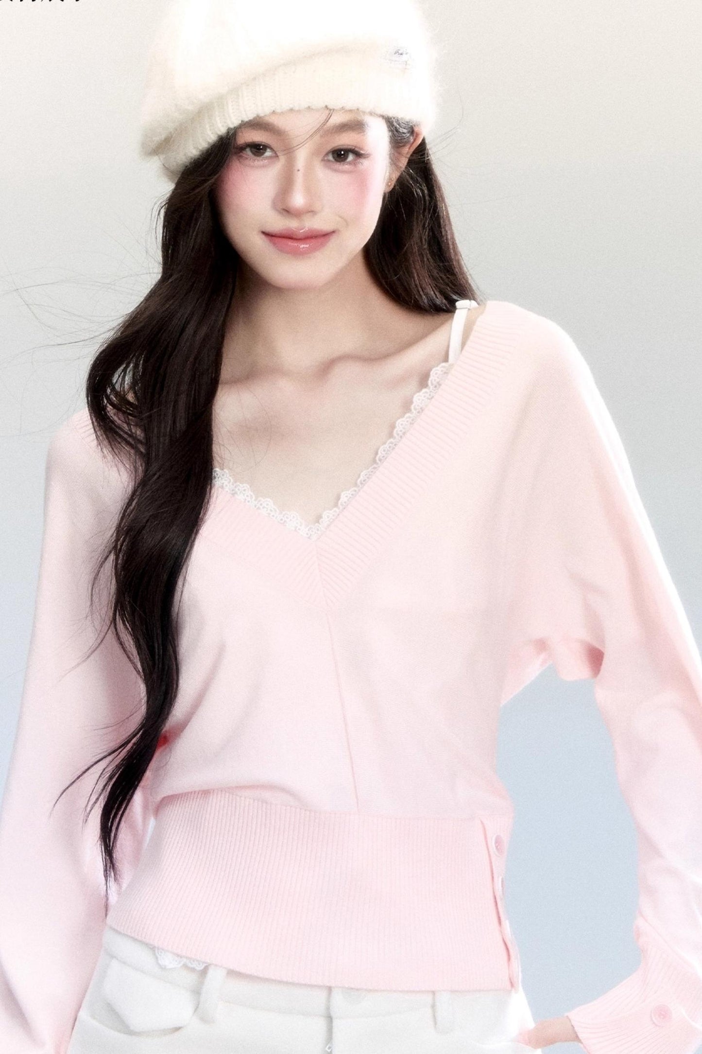 Lazy V-Neck Knit Top Set-Up