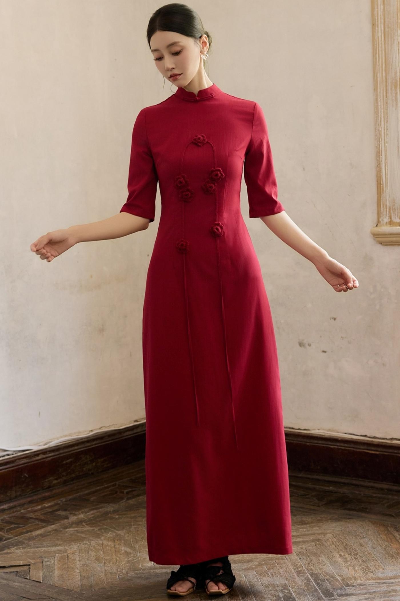 Red Flower Cheongsam Dress
