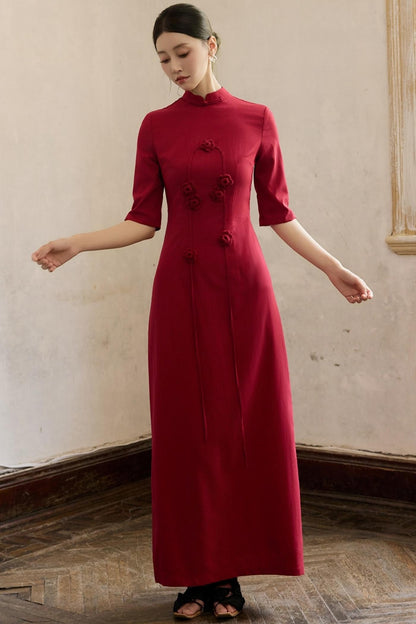 Red Flower Cheongsam Dress