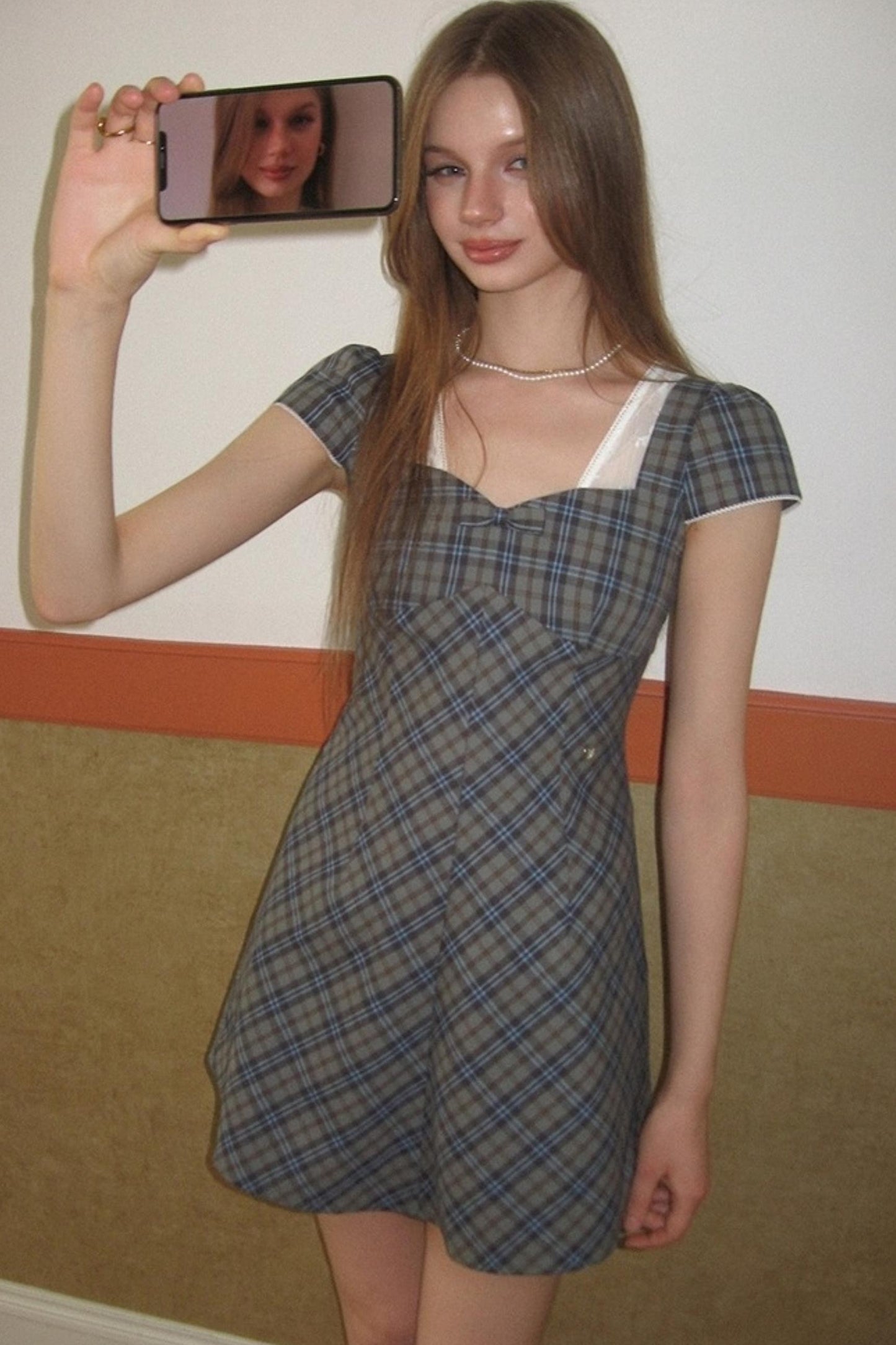 Plaid Lace Bow Short Sleeve Dress