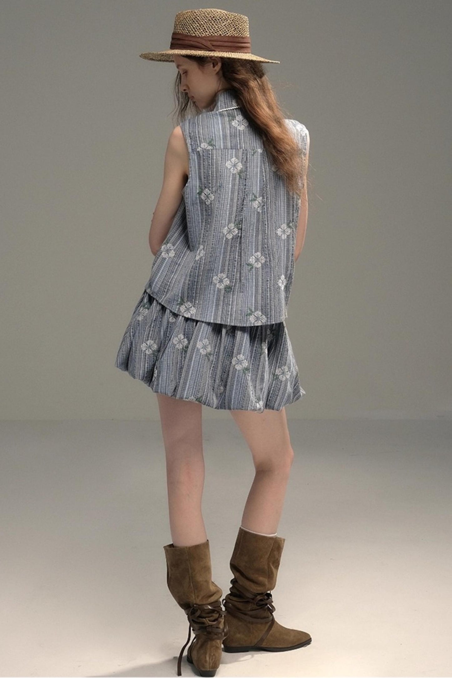 Flower Stitch Vest Skirt Set-Up