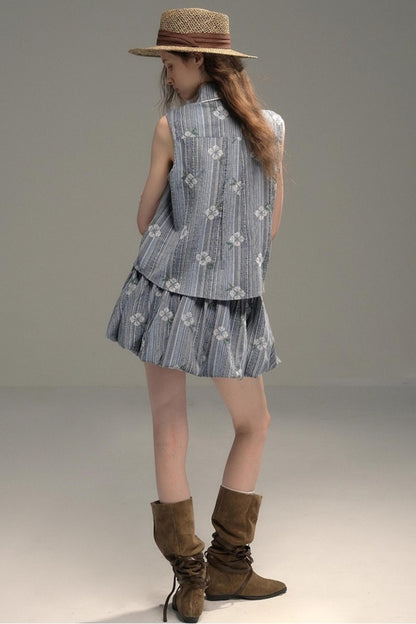 Flower Stitch Vest Skirt Set-Up