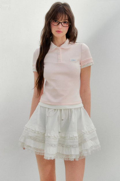 Embroidered Collar Pink Polo Shirt