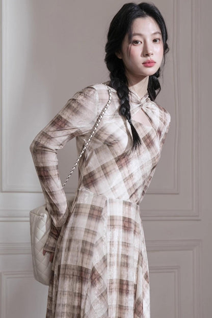 머서라이즈 벨벳 체크 긴소매 드레스