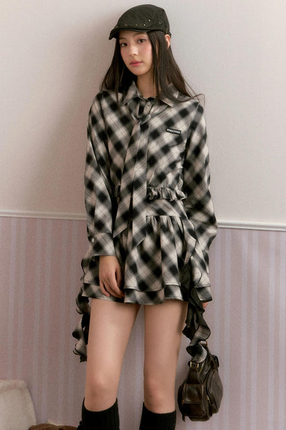 Plaid Diagonal Cut Long-Sleeved Shirt Dress