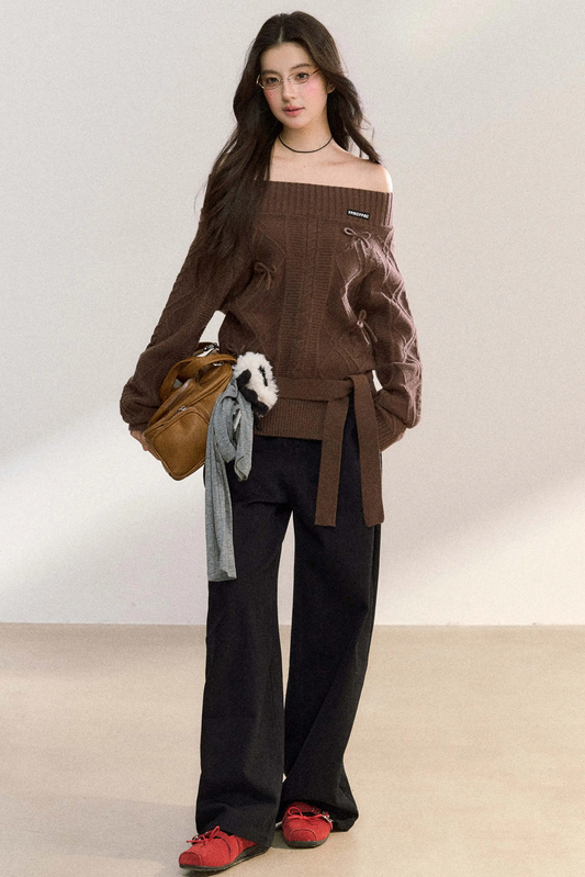 One-Shoulder Bow Slit Sweater Set-Up