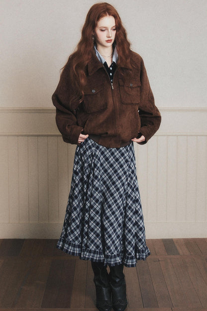 Navy Blue Check A-Line Swing Skirt