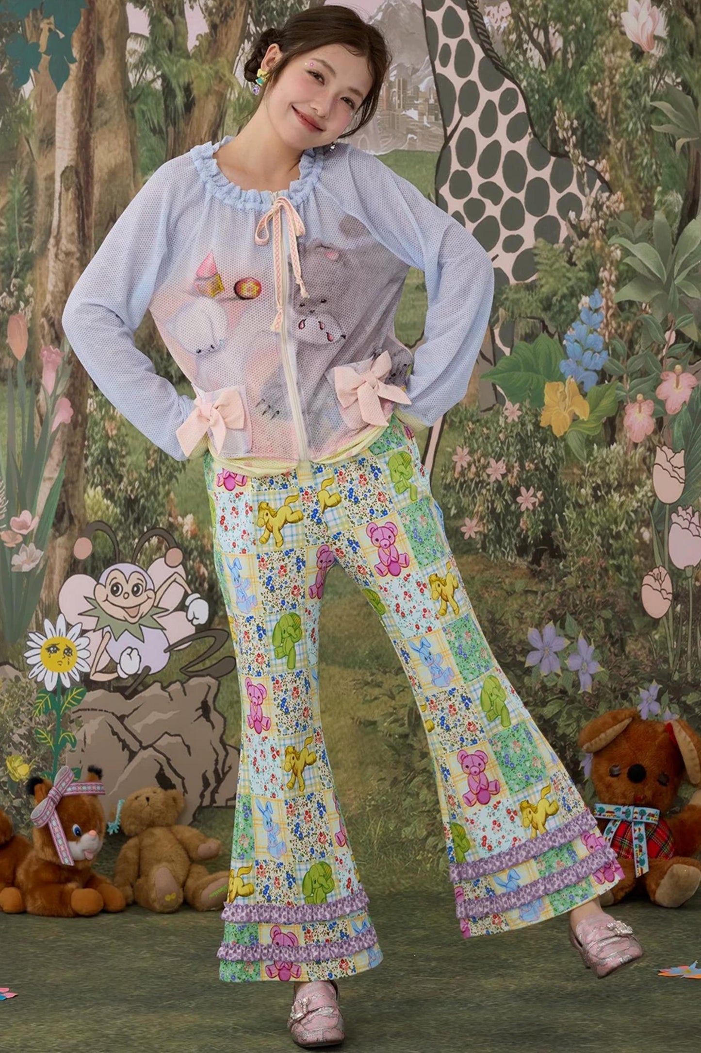 Elastic Floral Cotton Flared Pants