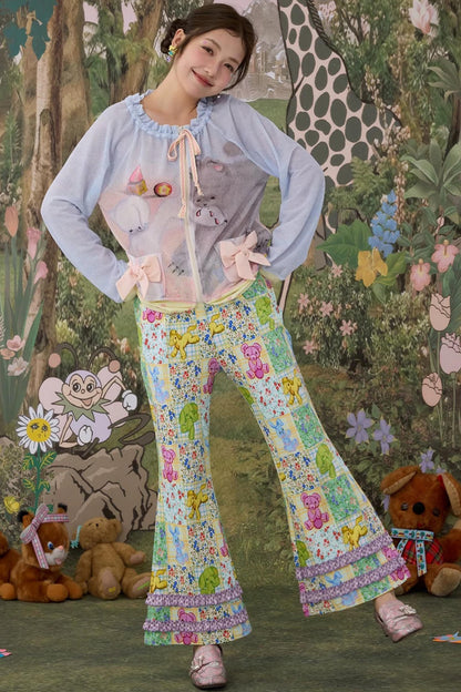 Elastic Floral Cotton Flared Pants