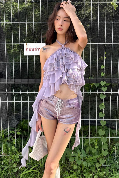 Chiffon Lace Top Shorts Set-Up