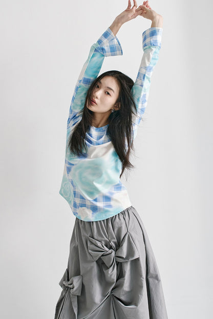 Blue Plaid Flared Sleeve Top