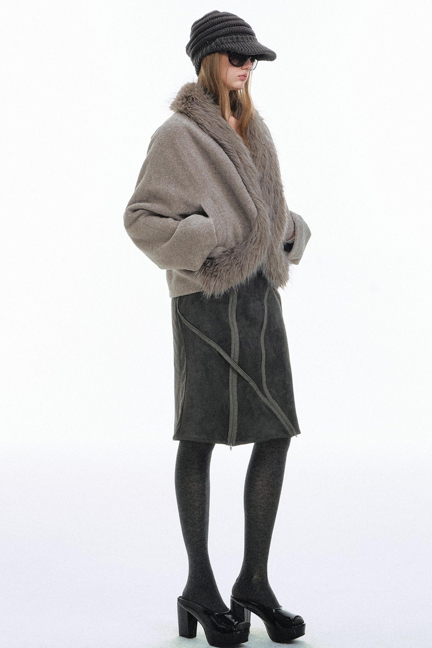 Curved Fur Collar Woolen Coat