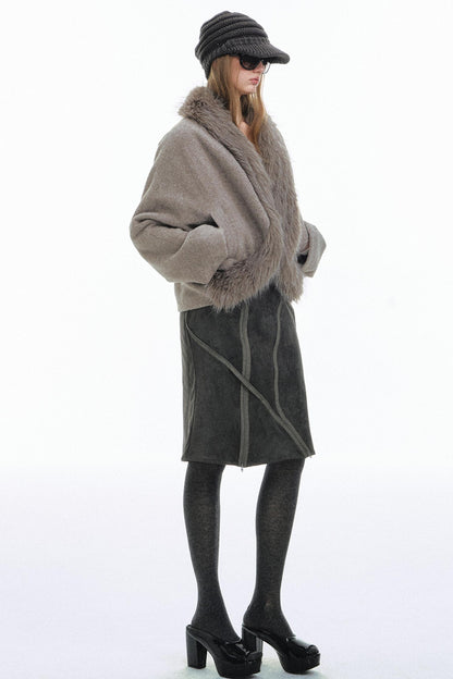 Curved Fur Collar Woolen Coat