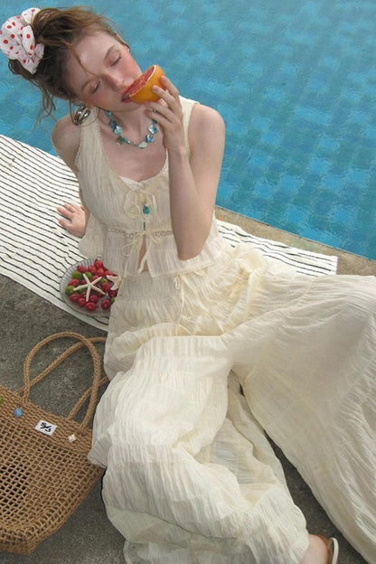 Beige Textured Lace Skirt Set-Up