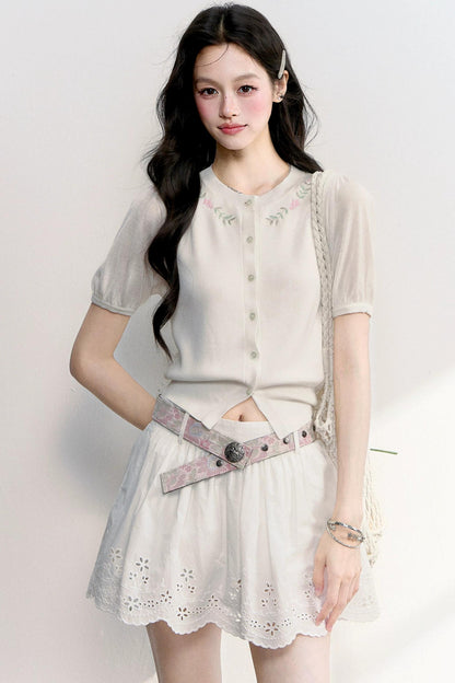 Embroidered Knit Cardigan Top Set-Up