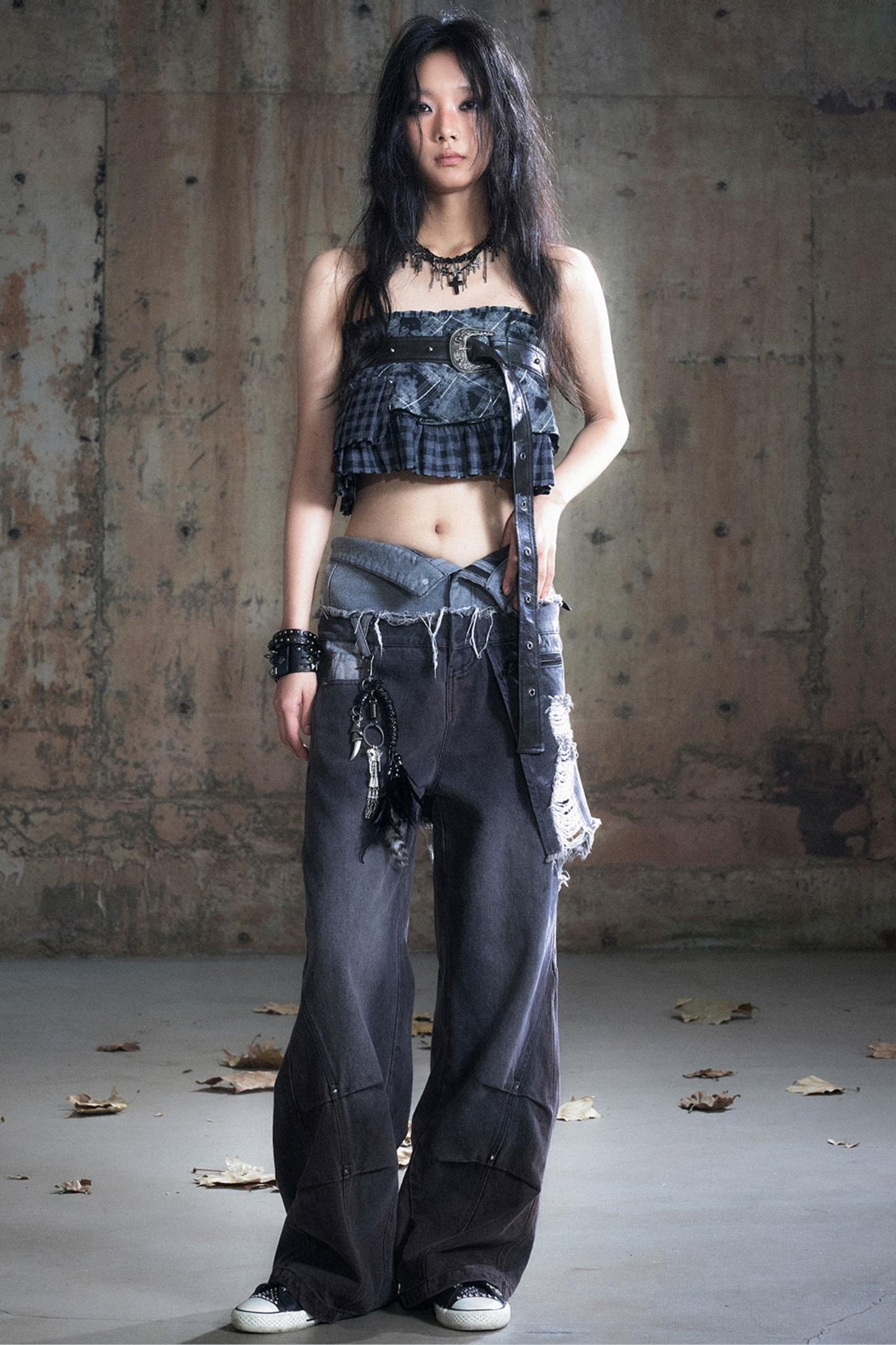 Double-Waist Patchwork Wide-Leg Pants