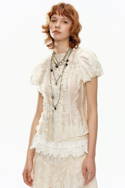 Beige Jacquard Puff Sleeve Blouse