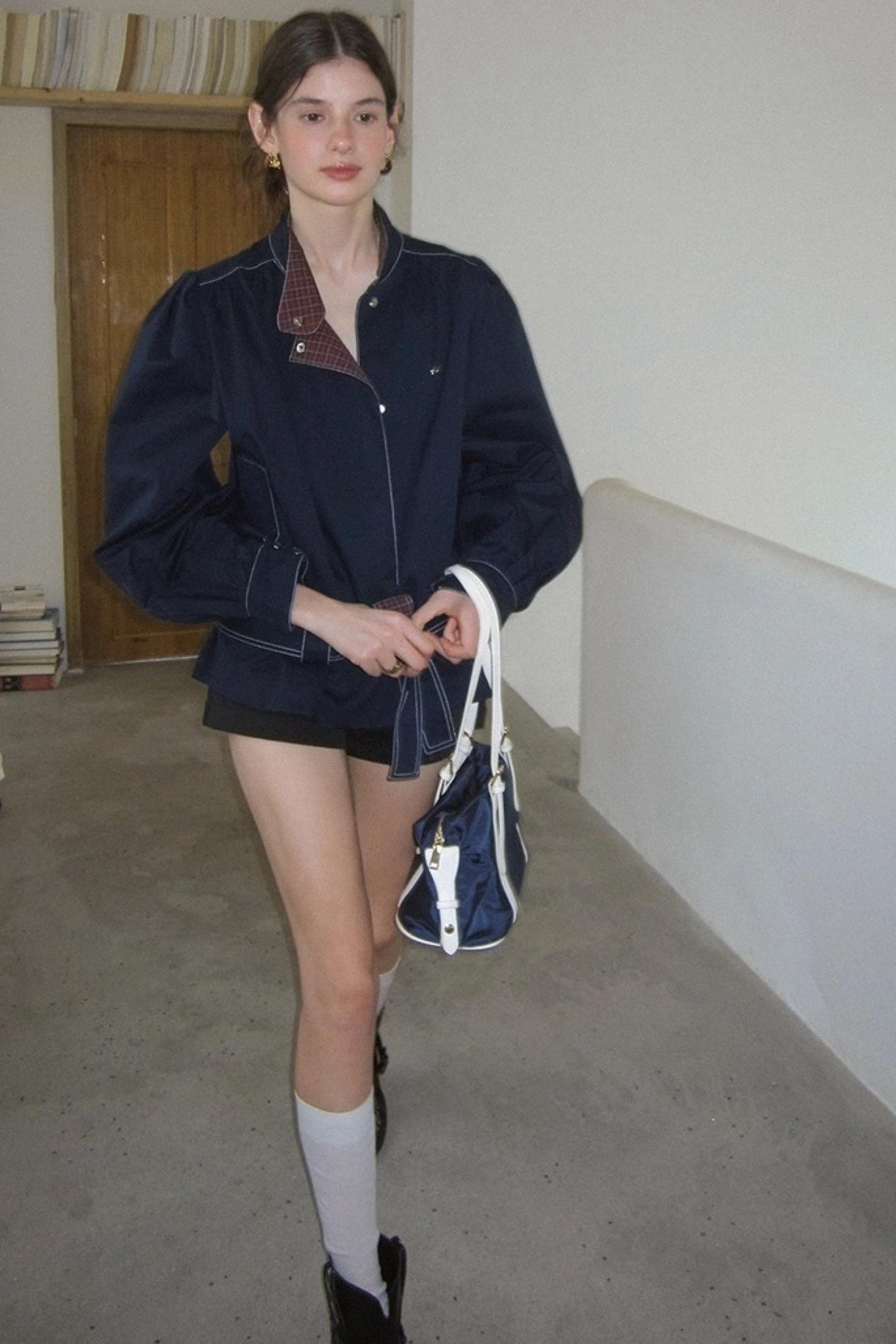 Vintage Navy Blue Patchwork Check Jacket