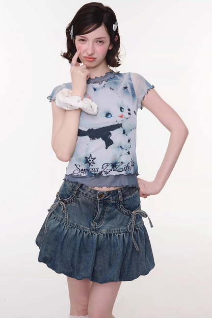 Mesh Plaid Cat Print Top