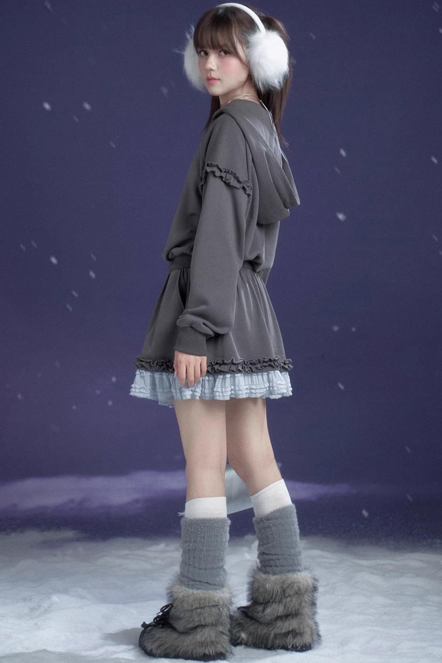 Gray-Blue Hooded Sweatshirt Dress