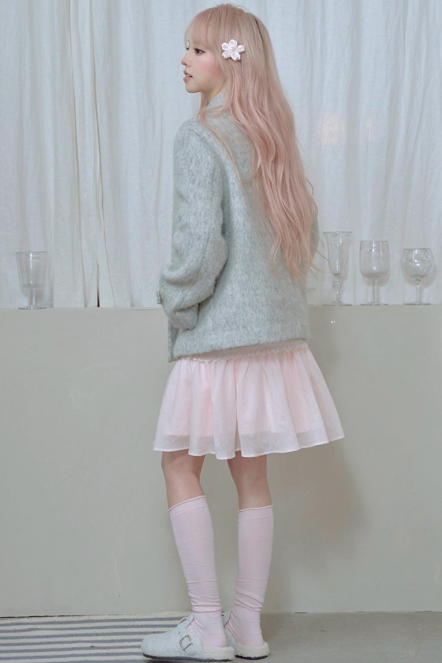 Light Grey Water Ripple Woolen Coat