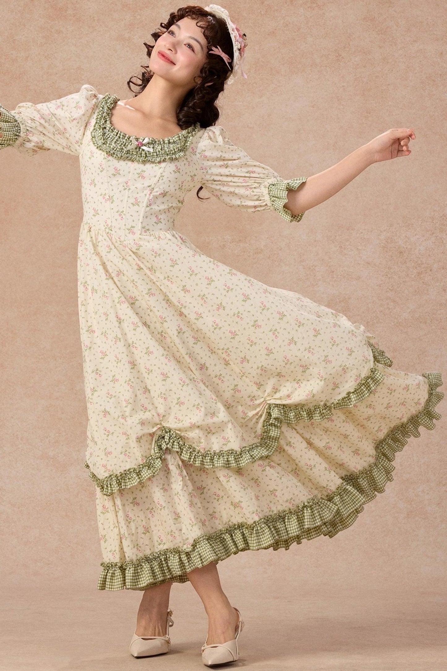 French Pastoral Style Floral Waist Dress