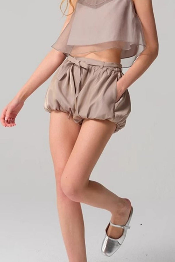 Glossy Bow-Embellished Pumpkin Shorts