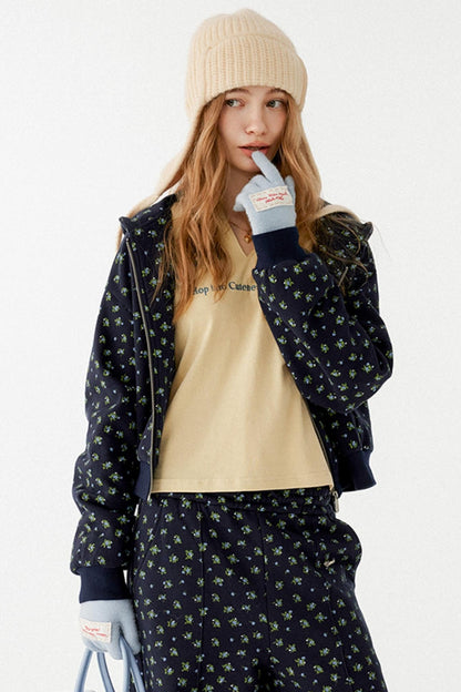 Navy Blue Floral Hooded Jacket Set-Up