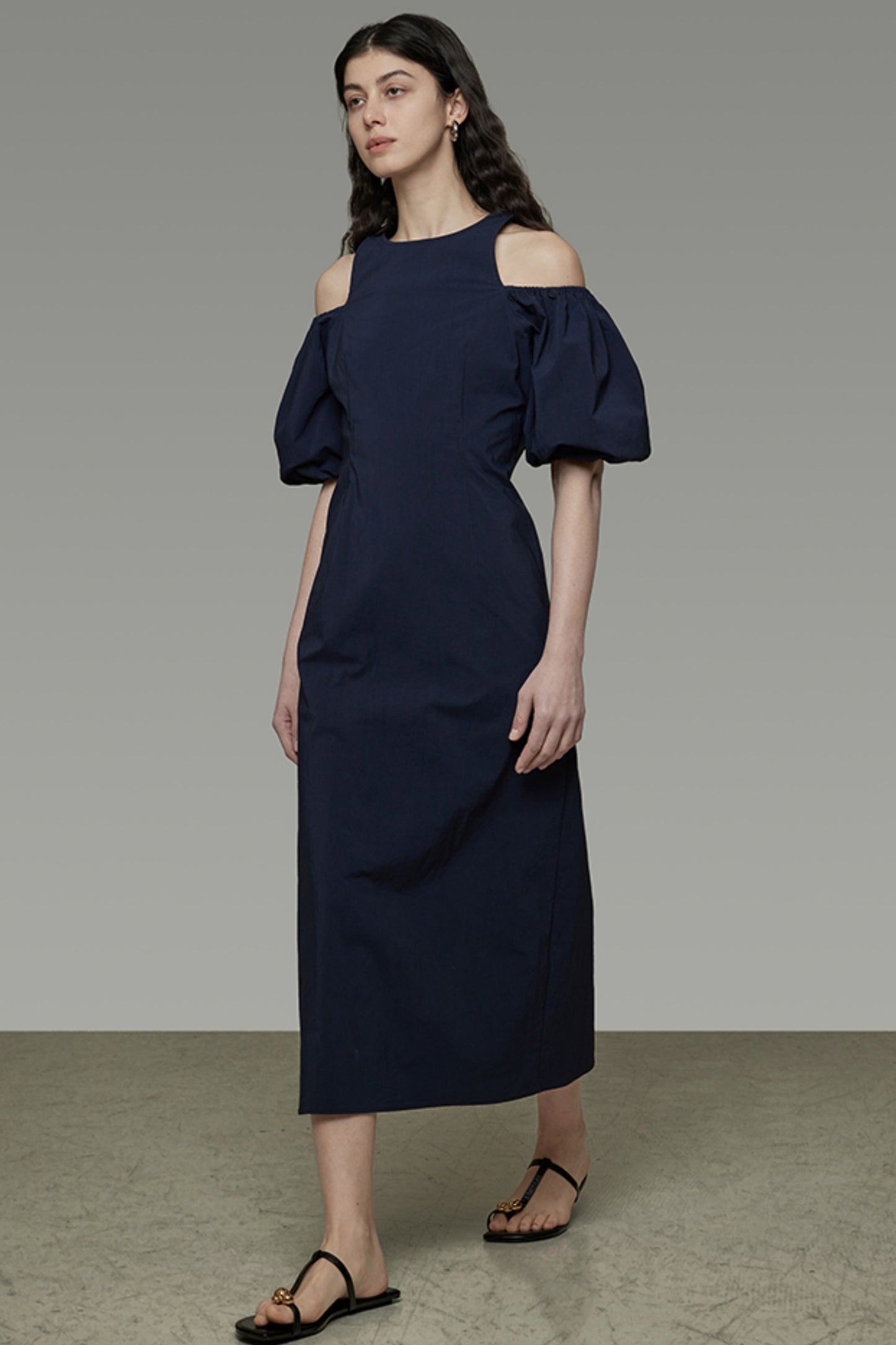 Navy Slim Bubble Sleeve Maxi Dress