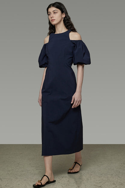Navy Slim Bubble Sleeve Maxi Dress