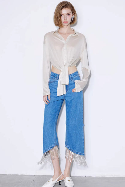 Rhinestone Tassel Cropped Jeans