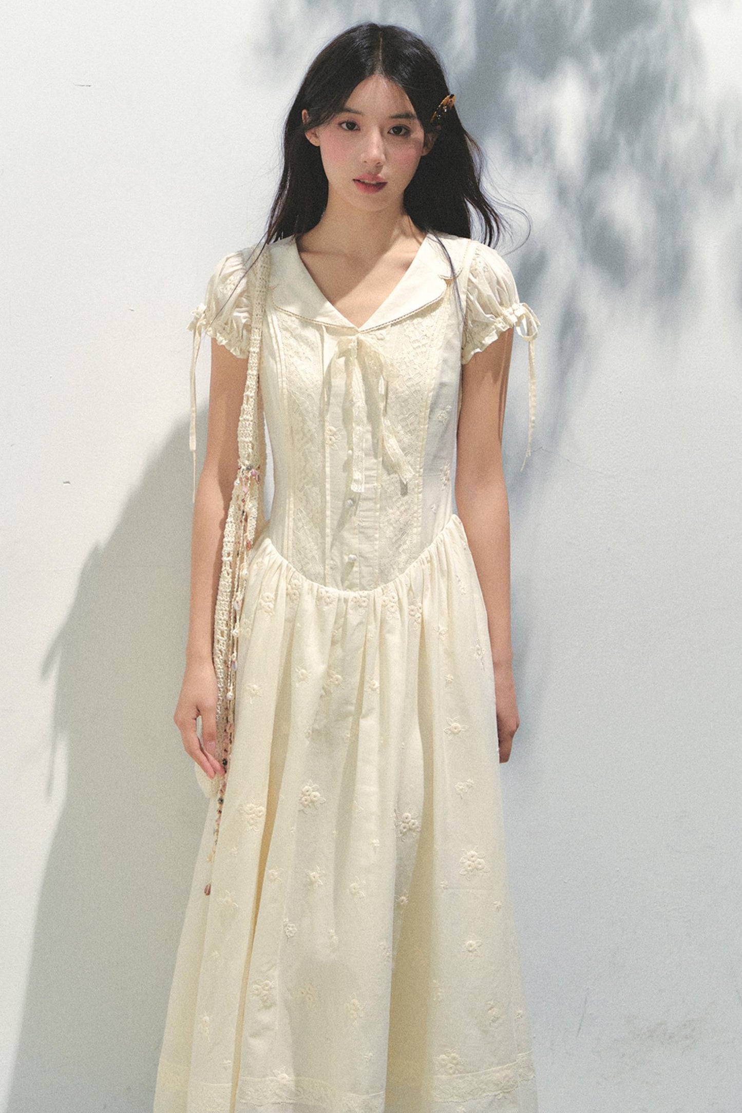 Holiday Embroidered Bubble Sleeve Dress