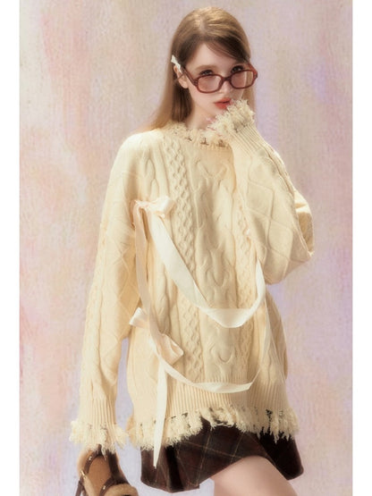 College Style Ribbon Jacquard Sweater