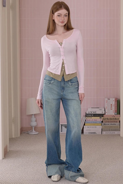 Retro Fashionable Sweet Cuffed Wide-leg Jeans