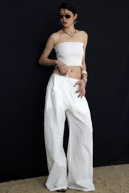 White Elasticated Waist Wide-Leg Trousers