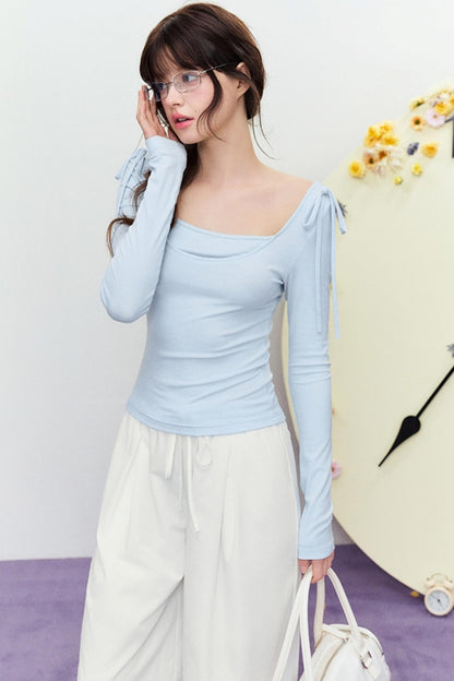 Korean Slim Tie Shoulder Top