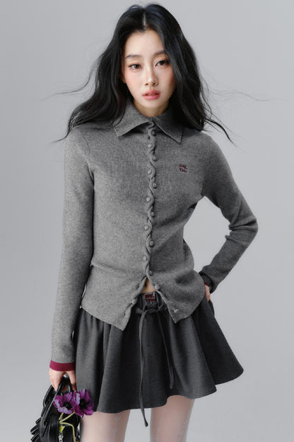 Gray Polo Neck Knitted Cardigan