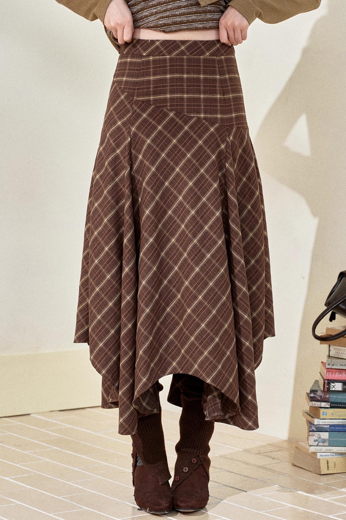 Gray-Brown Two-Tone Plaid Irregular Skirt