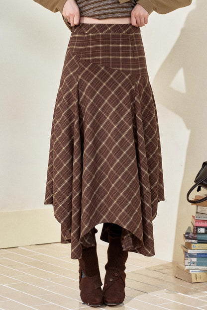 Gray-Brown Two-Tone Plaid Irregular Skirt